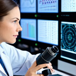 A professional female scientist in a white lab coat over modest professional attire, diligently examining a compact optical computing component under a high-tech microscope in a modern, pristine research laboratory. The background features blurred, glowing data streams and complex circuit diagrams on digital screens, suggesting advanced data processing. The subject maintains a focused, natural pose. Fully clothed, appropriate attire, safe for work, perfect anatomy, correct proportions, well-formed hands, proper finger count, natural body proportions, professional photography, high-quality.
