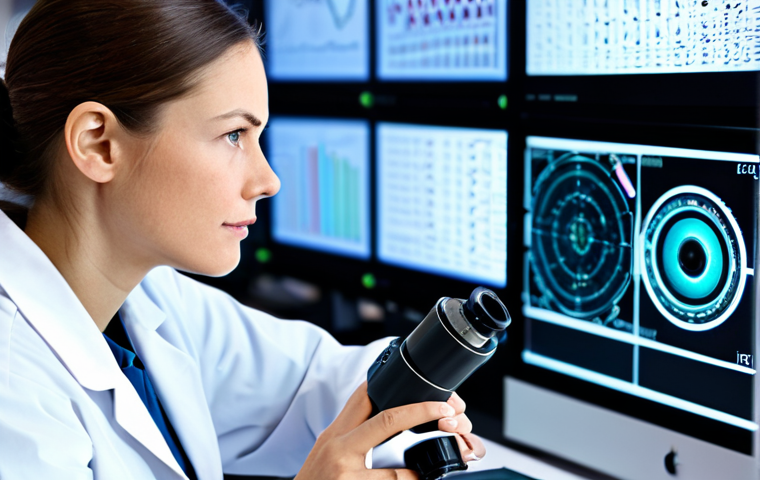 A professional female scientist in a white lab coat over modest professional attire, diligently examining a compact optical computing component under a high-tech microscope in a modern, pristine research laboratory. The background features blurred, glowing data streams and complex circuit diagrams on digital screens, suggesting advanced data processing. The subject maintains a focused, natural pose. Fully clothed, appropriate attire, safe for work, perfect anatomy, correct proportions, well-formed hands, proper finger count, natural body proportions, professional photography, high-quality.