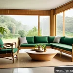 환경친화적 소재 - A modern eco-friendly living room interior showcasing bamboo fiber furniture and d&eacute;cor elements. The...
