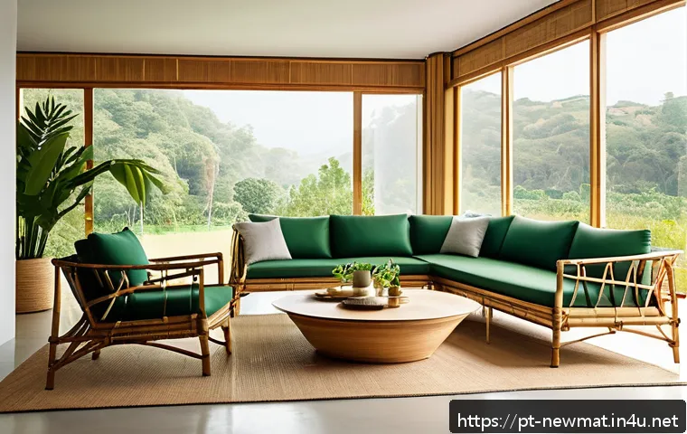 환경친화적 소재 - A modern eco-friendly living room interior showcasing bamboo fiber furniture and d&eacute;cor elements. The...