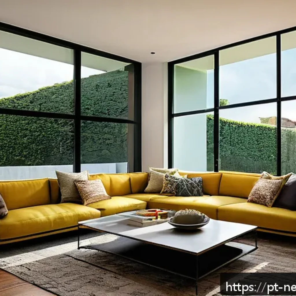 스마트 창 소재 - A modern Brazilian home interior featuring large smart windows with electrochromic glass panels that...