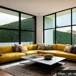 스마트 창 소재 - A modern Brazilian home interior featuring large smart windows with electrochromic glass panels that...