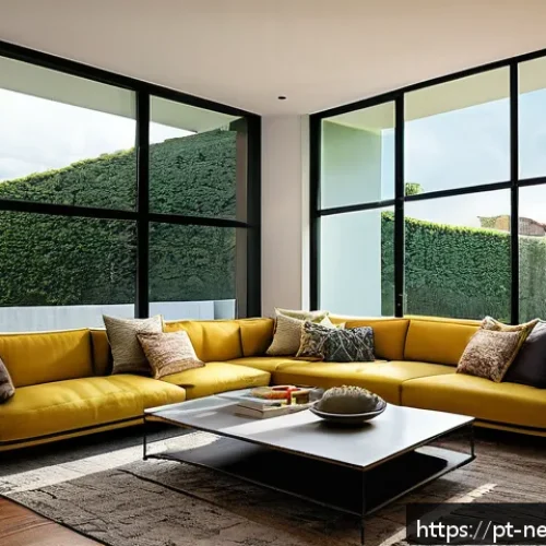 스마트 창 소재 - A modern Brazilian home interior featuring large smart windows with electrochromic glass panels that...