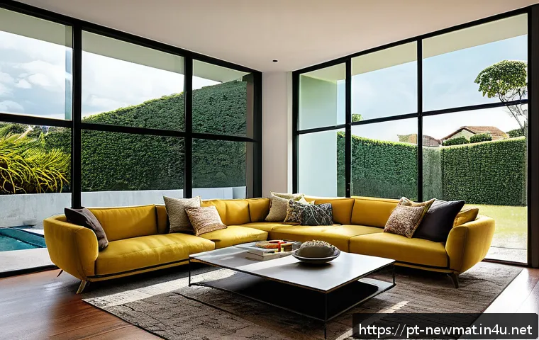 스마트 창 소재 - A modern Brazilian home interior featuring large smart windows with electrochromic glass panels that...