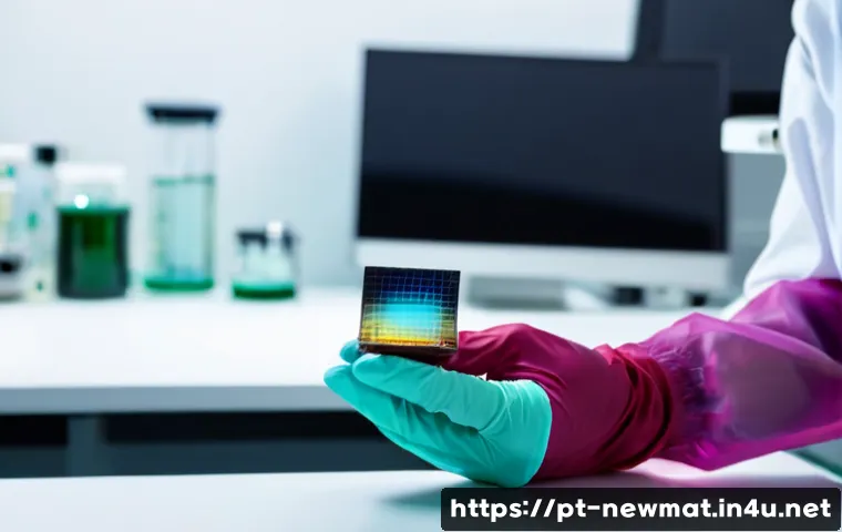 OLED 소재 - Photorealistic macro view of a modern OLED material laboratory, gloved researcher carefully holding ...