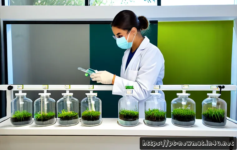 Home 17 환경 복원 신소재 - Photorealistic environmental restoration laboratory in Portugal, a female scientist in practical lab...